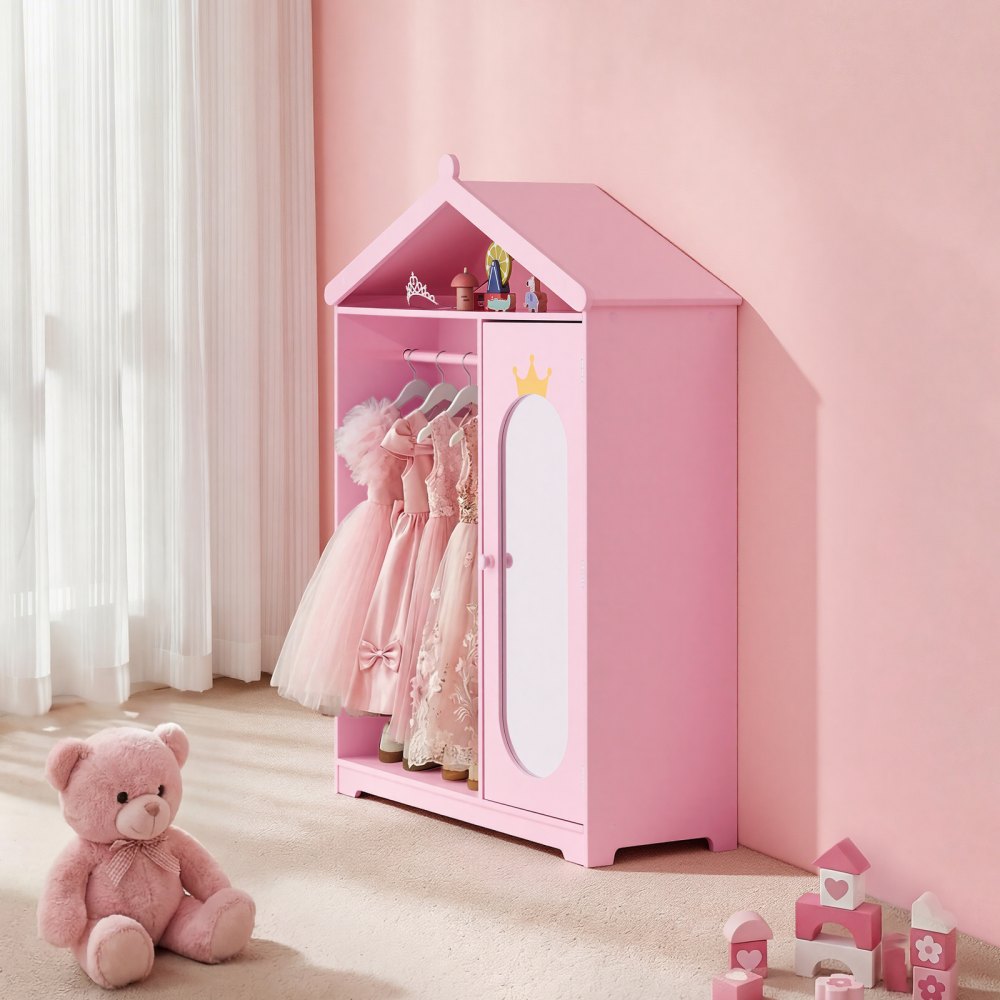 VEVOR Kinderkledingkast 85x31x113,5 cm, Kinderkledingkast met spiegel, kledingstang en planken, Kleedkamerkast van MDF met kastdeur voor meisjes, Kinderkledingkast voor verkleedkleding en poppenkamer, Roze