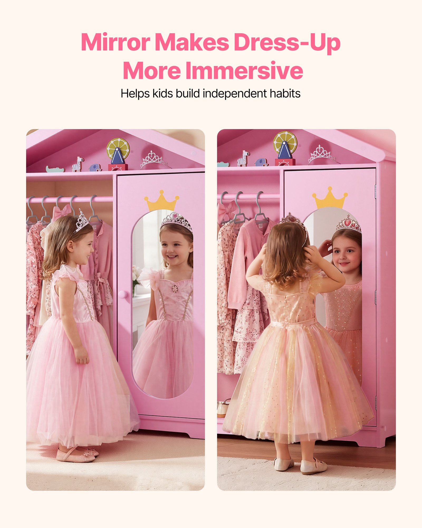 VEVOR Kinderkledingkast 85x31x113,5 cm, Kinderkledingkast met spiegel, kledingstang en planken, Kleedkamerkast van MDF met kastdeur voor meisjes, Kinderkledingkast voor verkleedkleding en poppenkamer, Roze