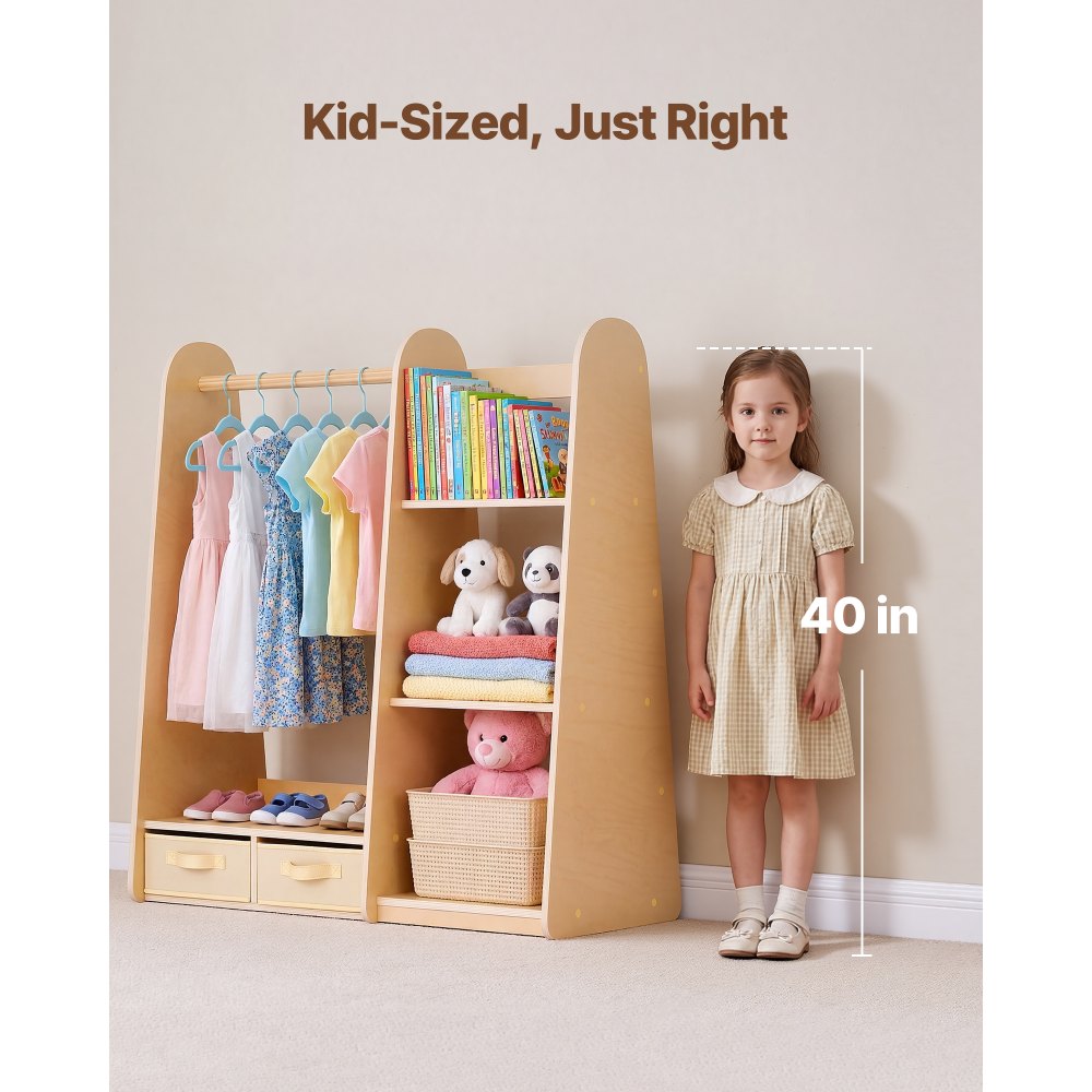 VEVOR Kinderkledingkast 98,5x40x106 cm, Kinderkledingkast met spiegel, kledingstang en planken, Verkleedkast met 2 stoffen lades voor meisjes, Kinderkledingkast voor verkleedpartijen, Slaapkamer, Natuurlijk hout