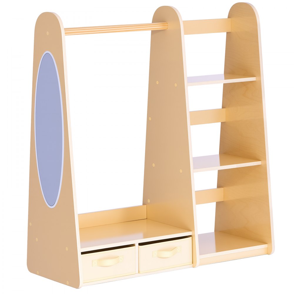 VEVOR Kinderkledingkast 98,5x40x106 cm, Kinderkledingkast met spiegel, kledingstang en planken, Verkleedkast met 2 stoffen lades voor meisjes, Kinderkledingkast voor verkleedpartijen, Slaapkamer, Natuurlijk hout