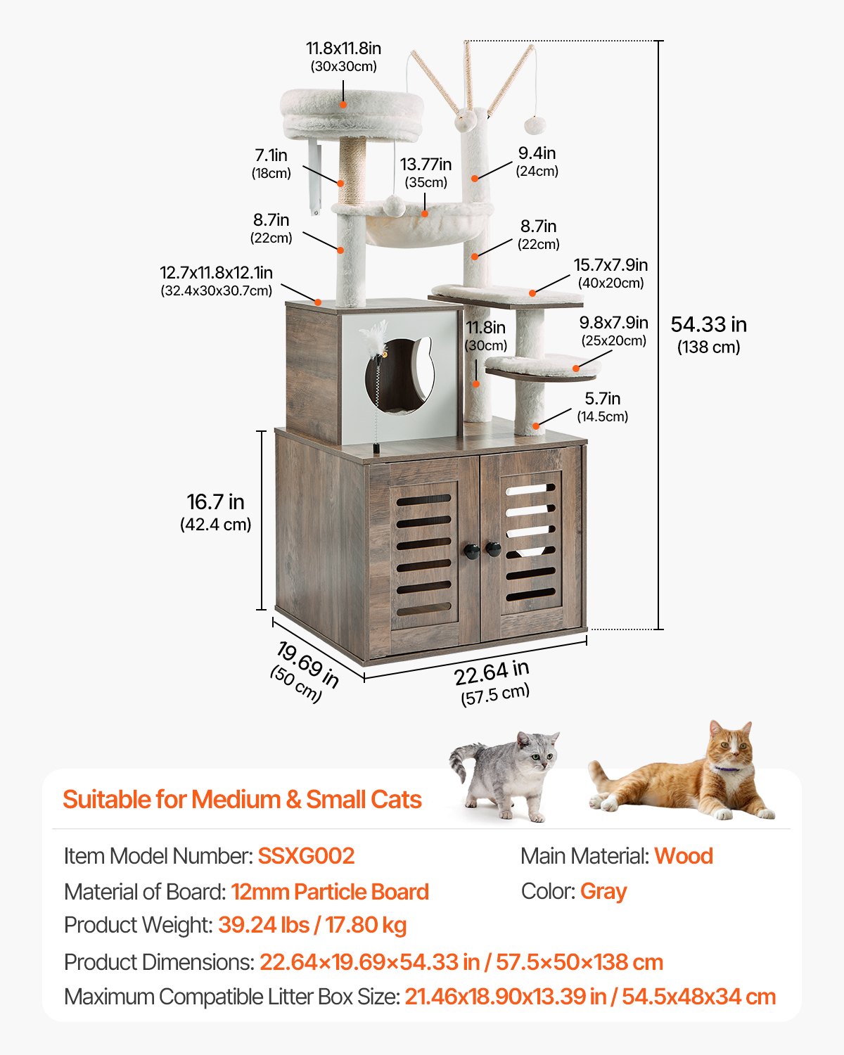 VEVOR Large Cat Tree Litter Box Enclosure 2-in-1 Cat Tower Indoor Cat Play House