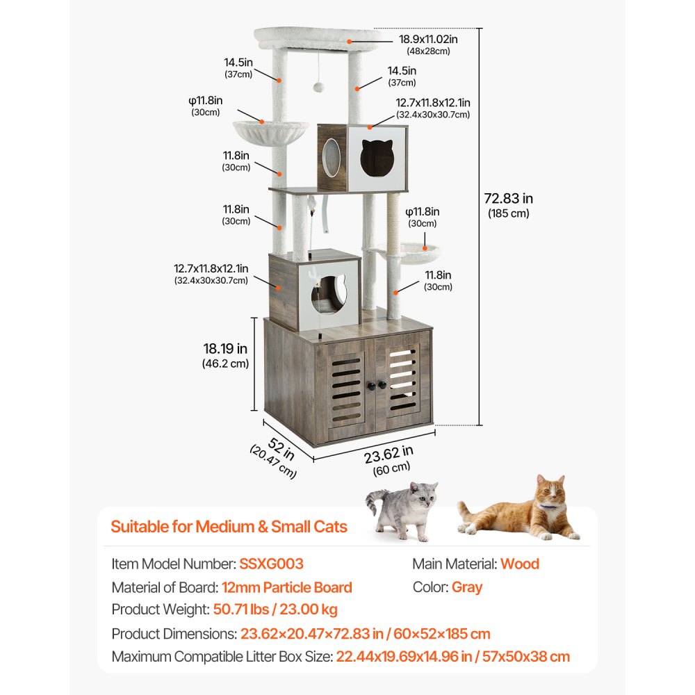 VEVOR Large Cat Tree with Litter Box Enclosure, 72.83 inches Tall, 2-in-1 Cat Tower, Multi-level Cat Condo Furniture with Sisal Scratching Posts, Perches, Hammock, Big Kittens House for Indoor Cats