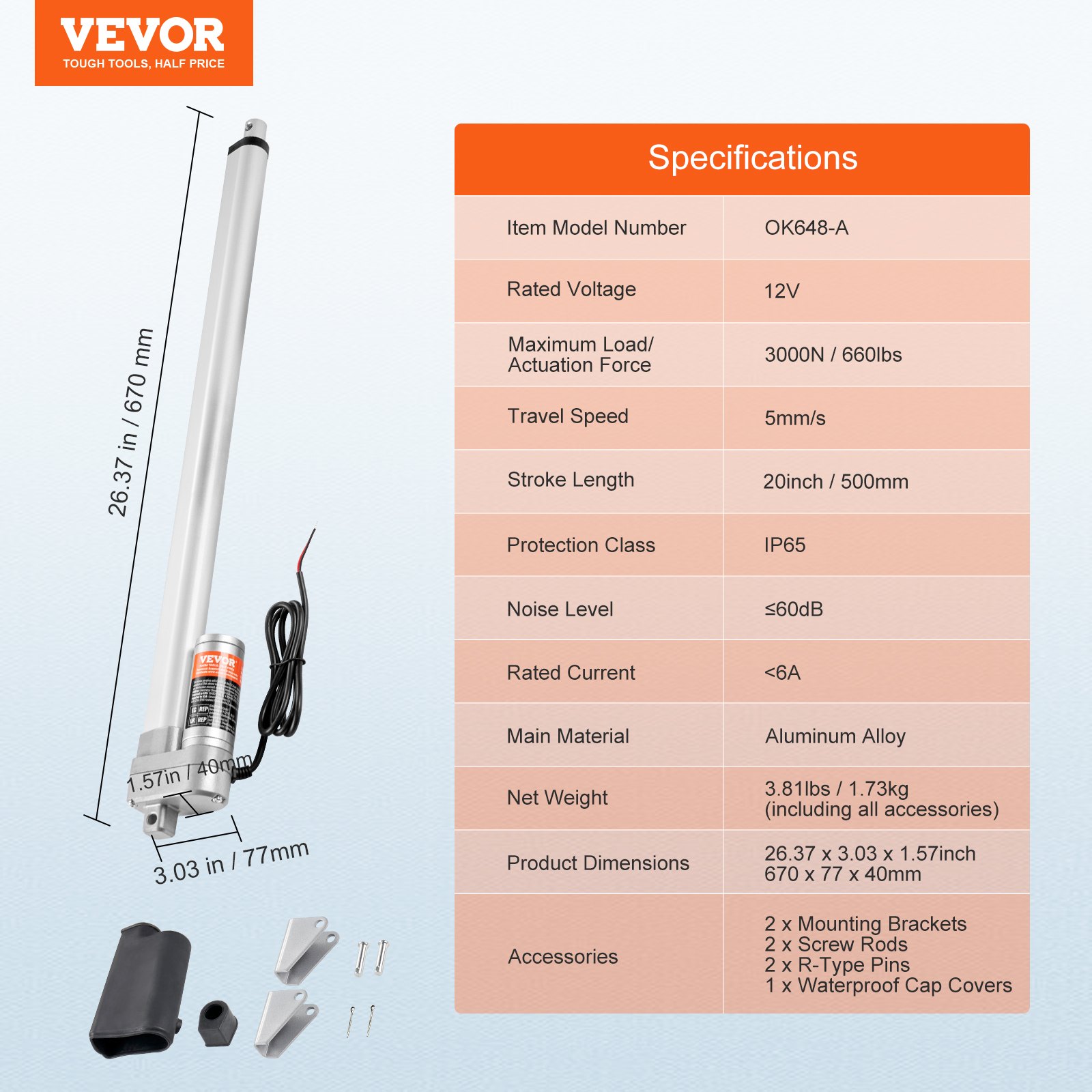 VEVOR Linear Actuator 12V, 20 Inch Waterproof IP65 Linear Actuator, 660lbs/3000N 0.19"/s Linear Motion Actuator with Mounting Bracket for Outdoor Use