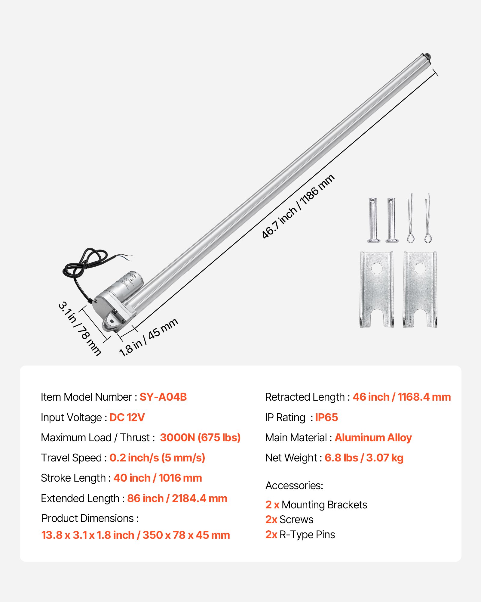 VEVOR 12V Linear Actuator, 40 Inch Stroke IP65 Waterproof Linear Actuator, 675lbs/3000N 0.2"/s Motion Actuators with Mounting Bracket for Solar Trackers, Industrial Machinery, Door Opener