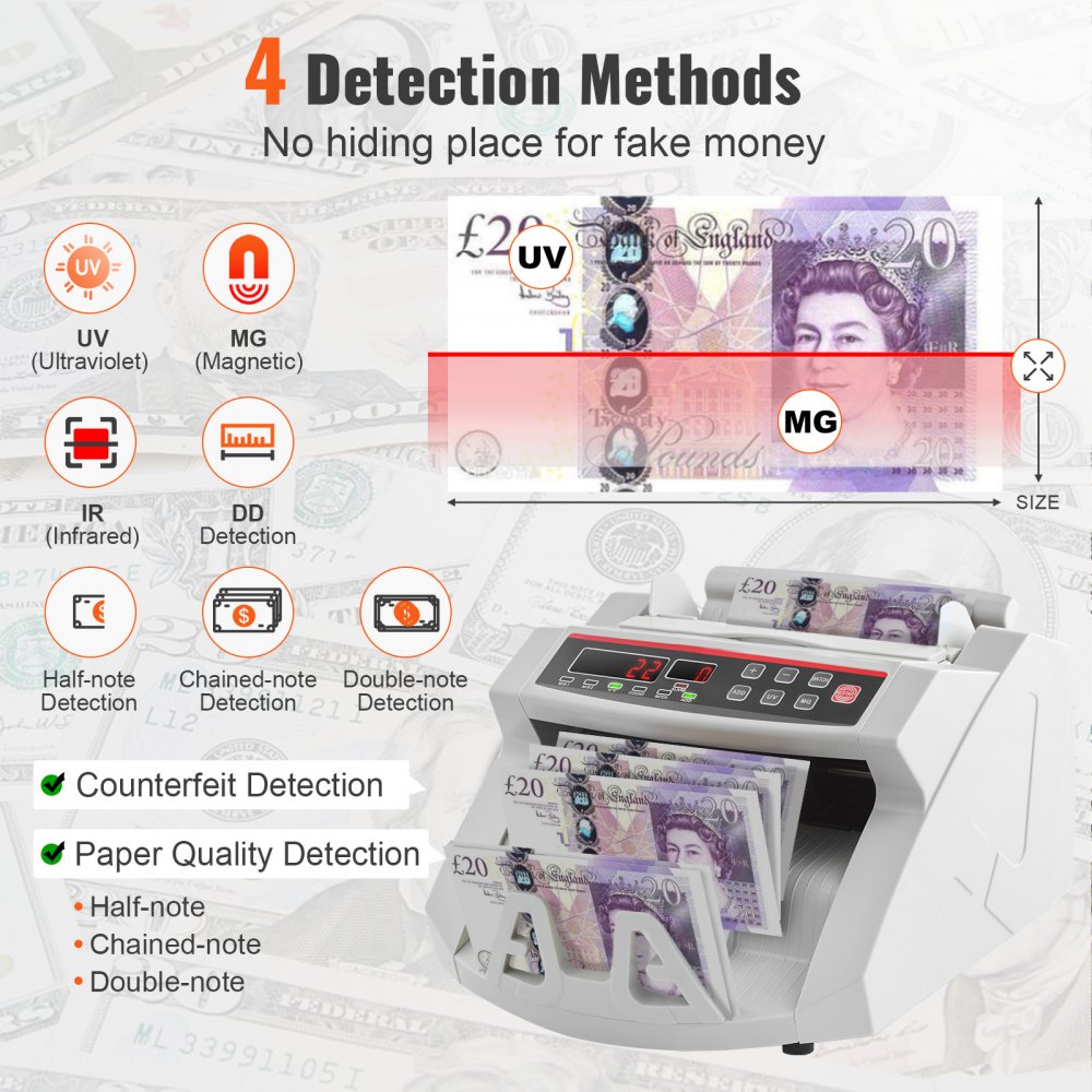 VEVOR Bankbiljettenteller Wit met Echtheidswaarschuwingsfunctie, 1000 stuks/min met UV- en MG-systemen, 7 kg met LED-scherm voor Euro, Dollar, Pond (26 x 23,5 x 17 cm)
