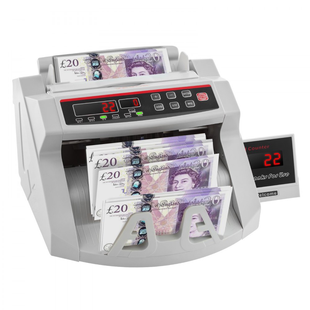 VEVOR Bankbiljettenteller Wit met Echtheidswaarschuwingsfunctie, 1000 stuks/min met UV- en MG-systemen, 7 kg met LED-scherm voor Euro, Dollar, Pond (26 x 23,5 x 17 cm)