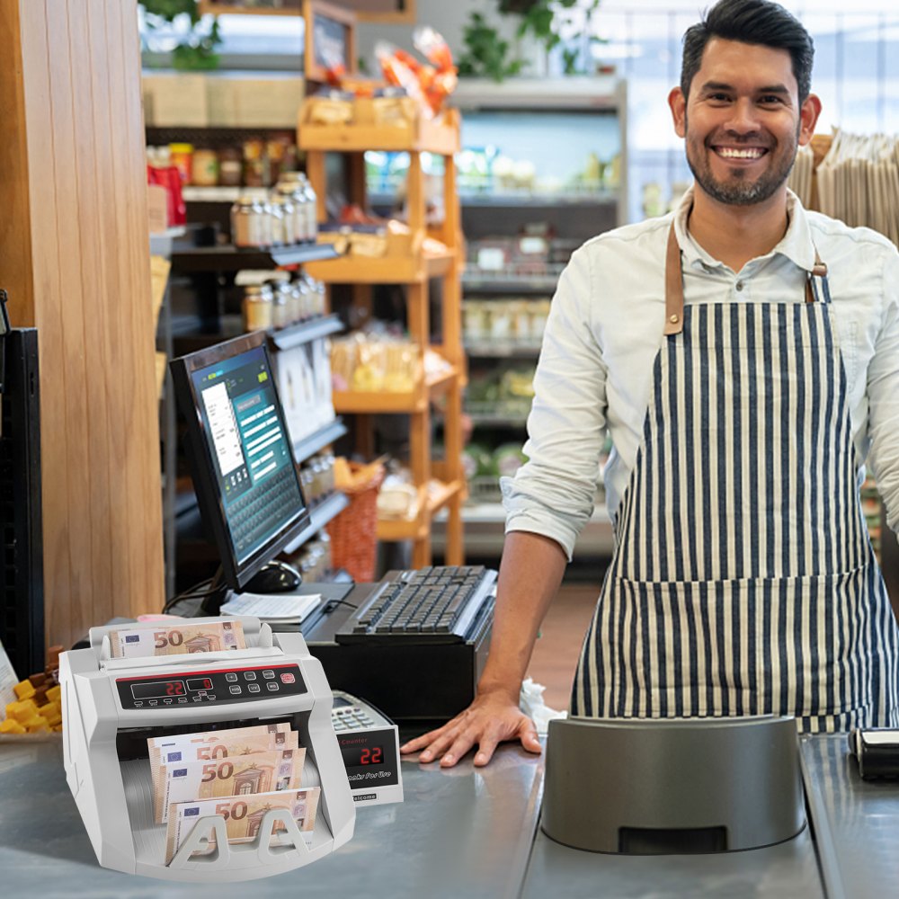 VEVOR Bankbiljettenteller Wit met Echtheidswaarschuwingsfunctie, 1000 stuks/min met UV- en MG-systemen, 7 kg met LED-scherm voor Euro, Dollar, Pond (26 x 23,5 x 17 cm)