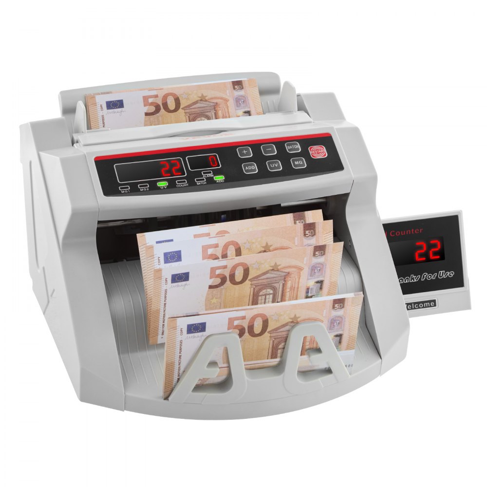 BuoQua FJ0288 Money Counting Machine White with Counterfeit Detection Banknote Counter 1000 pieces/min with UV and MG Systems 7 kg Money Counter with LED Screen for Euro Dollar Pound (26 x 23.5 x 17 cm)