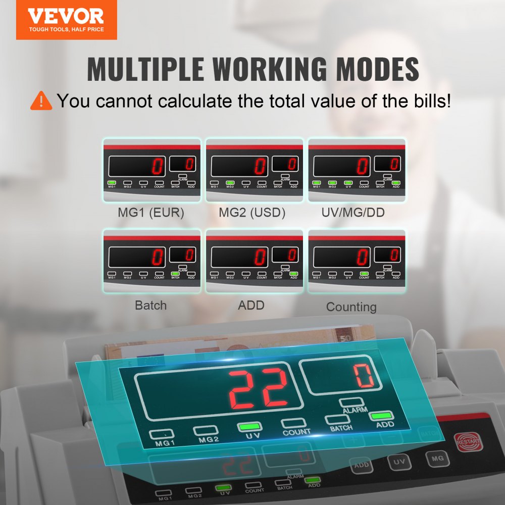 VEVOR Bankbiljettenteller Wit met Echtheidswaarschuwingsfunctie, 1000 stuks/min met UV- en MG-systemen, 7 kg met LED-scherm voor Euro, Dollar, Pond (26 x 23,5 x 17 cm)