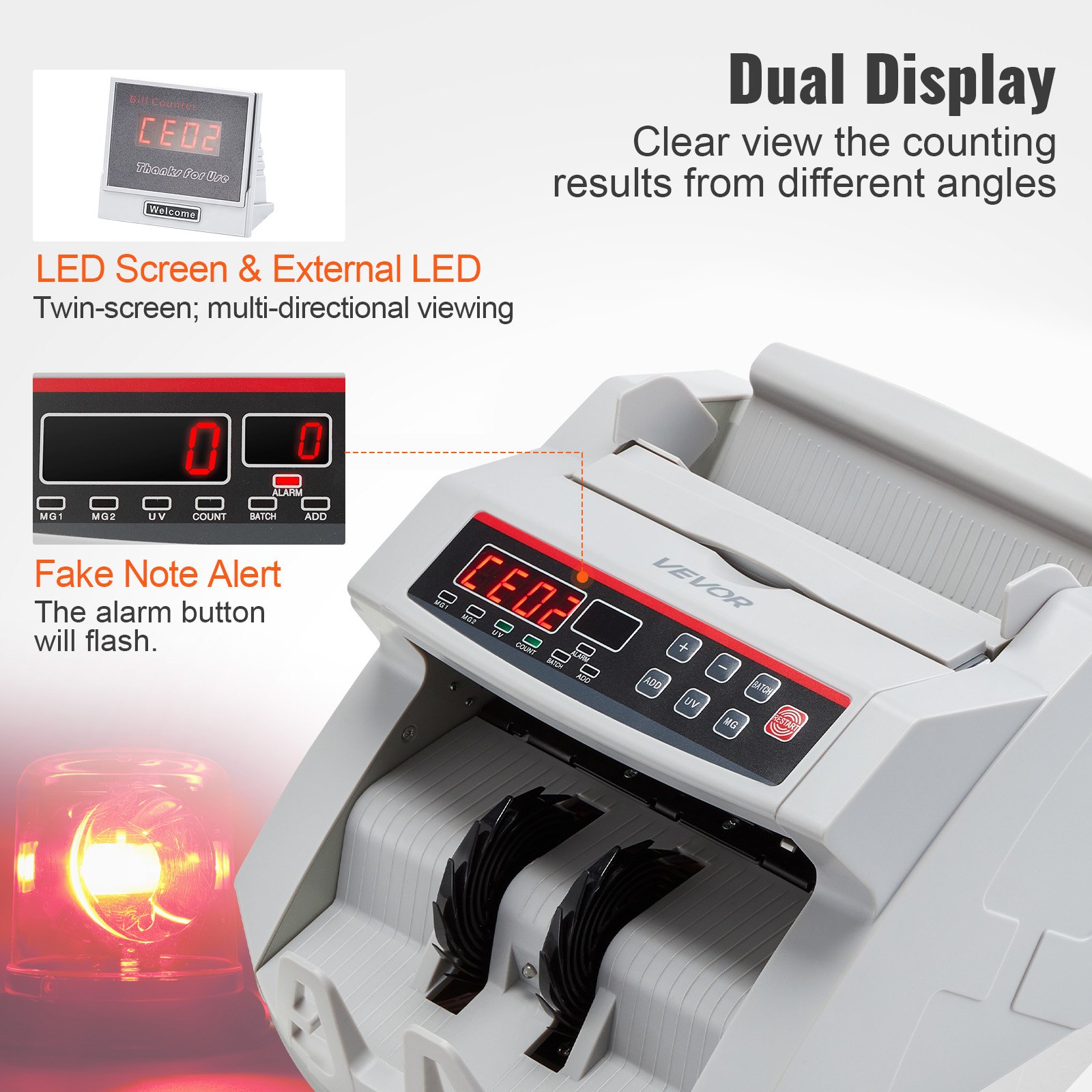 VEVOR Bankbiljettenteller Wit met Echtheidswaarschuwingsfunctie, 1000 stuks/min met UV- en MG-systemen, 7 kg met LED-scherm voor Euro, Dollar, Pond (26 x 23,5 x 17 cm)