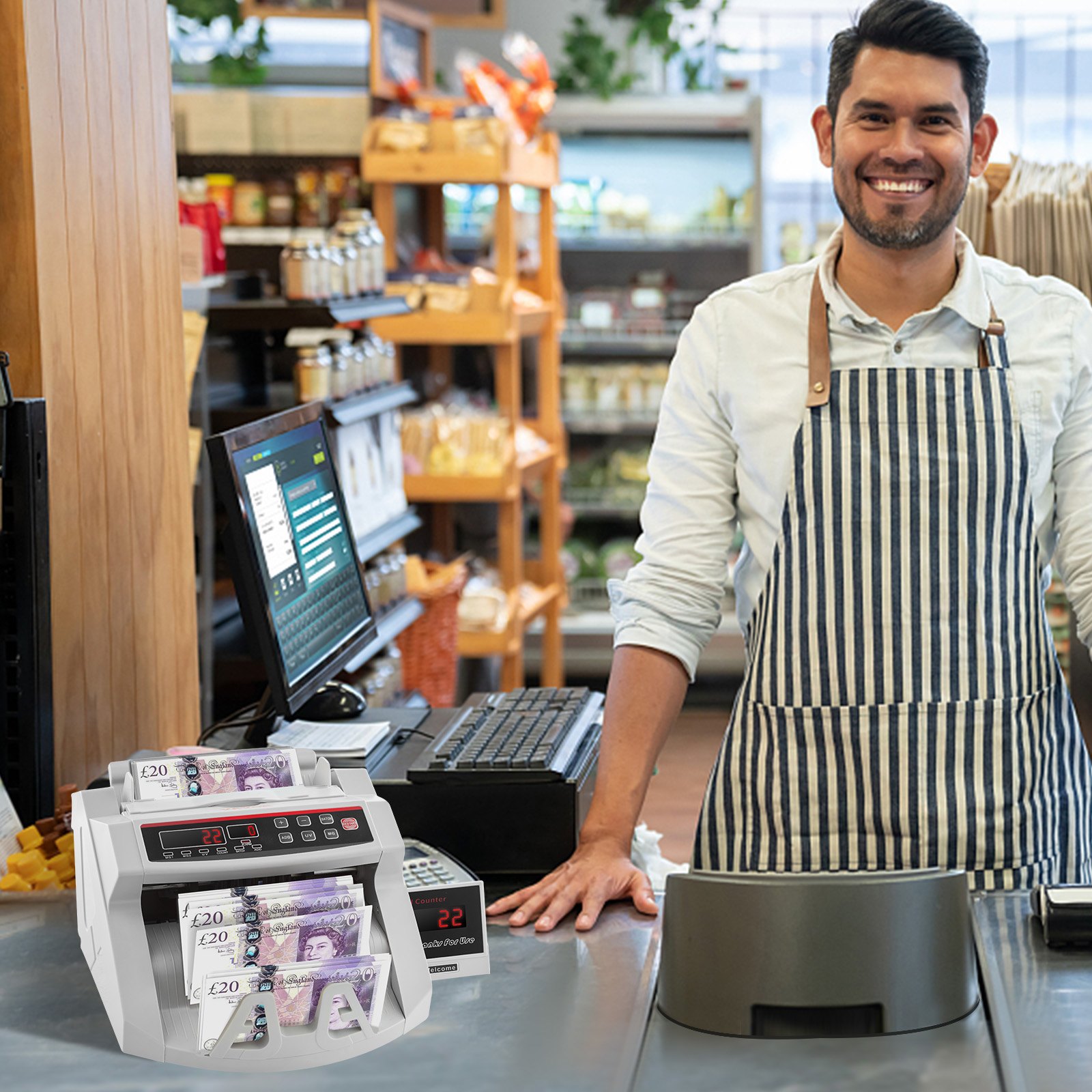 VEVOR Bankbiljettenteller Wit met Echtheidswaarschuwingsfunctie, 1000 stuks/min met UV- en MG-systemen, 7 kg met LED-scherm voor Euro, Dollar, Pond (26 x 23,5 x 17 cm)