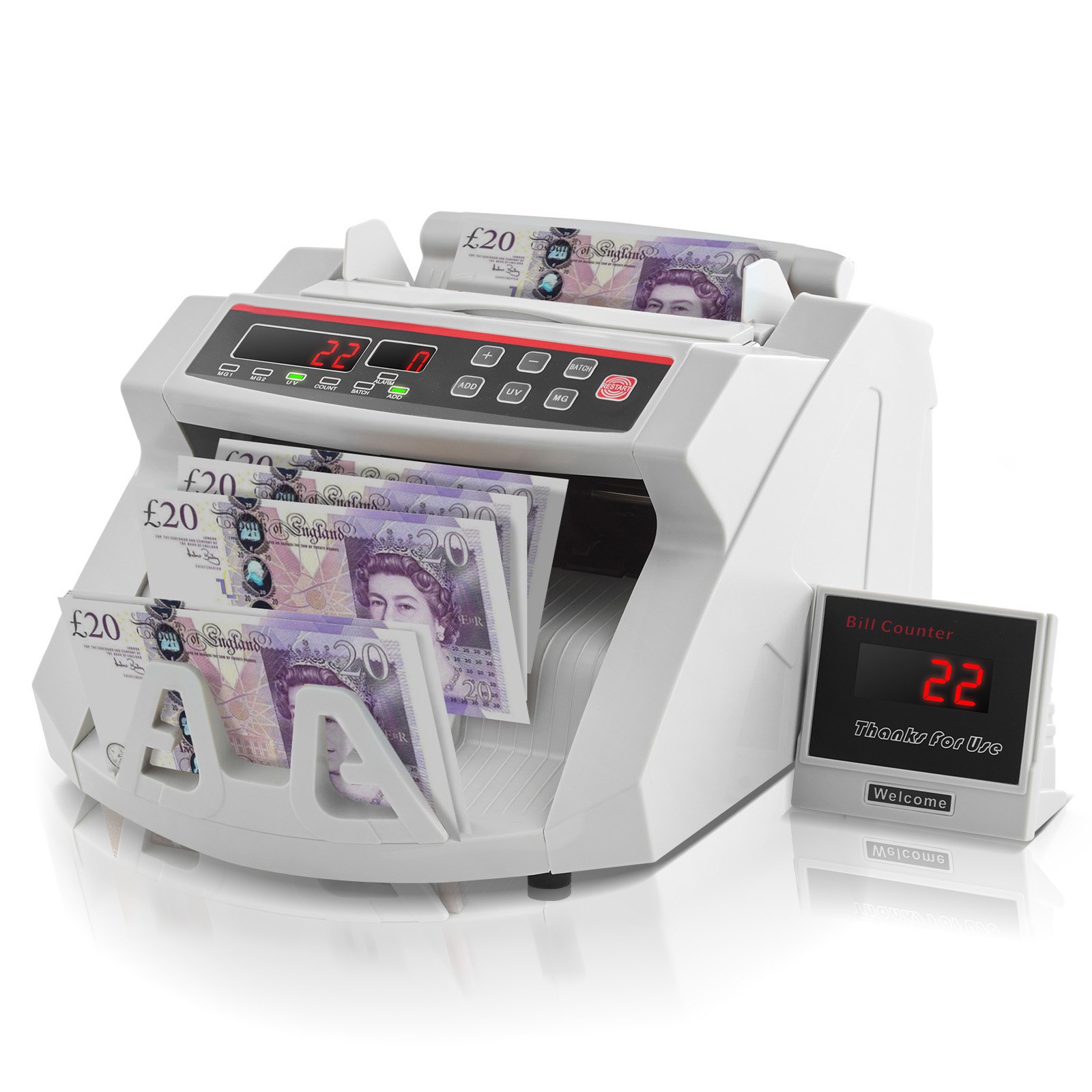 VEVOR Bankbiljettenteller Wit met Echtheidswaarschuwingsfunctie, 1000 stuks/min met UV- en MG-systemen, 7 kg met LED-scherm voor Euro, Dollar, Pond (26 x 23,5 x 17 cm)