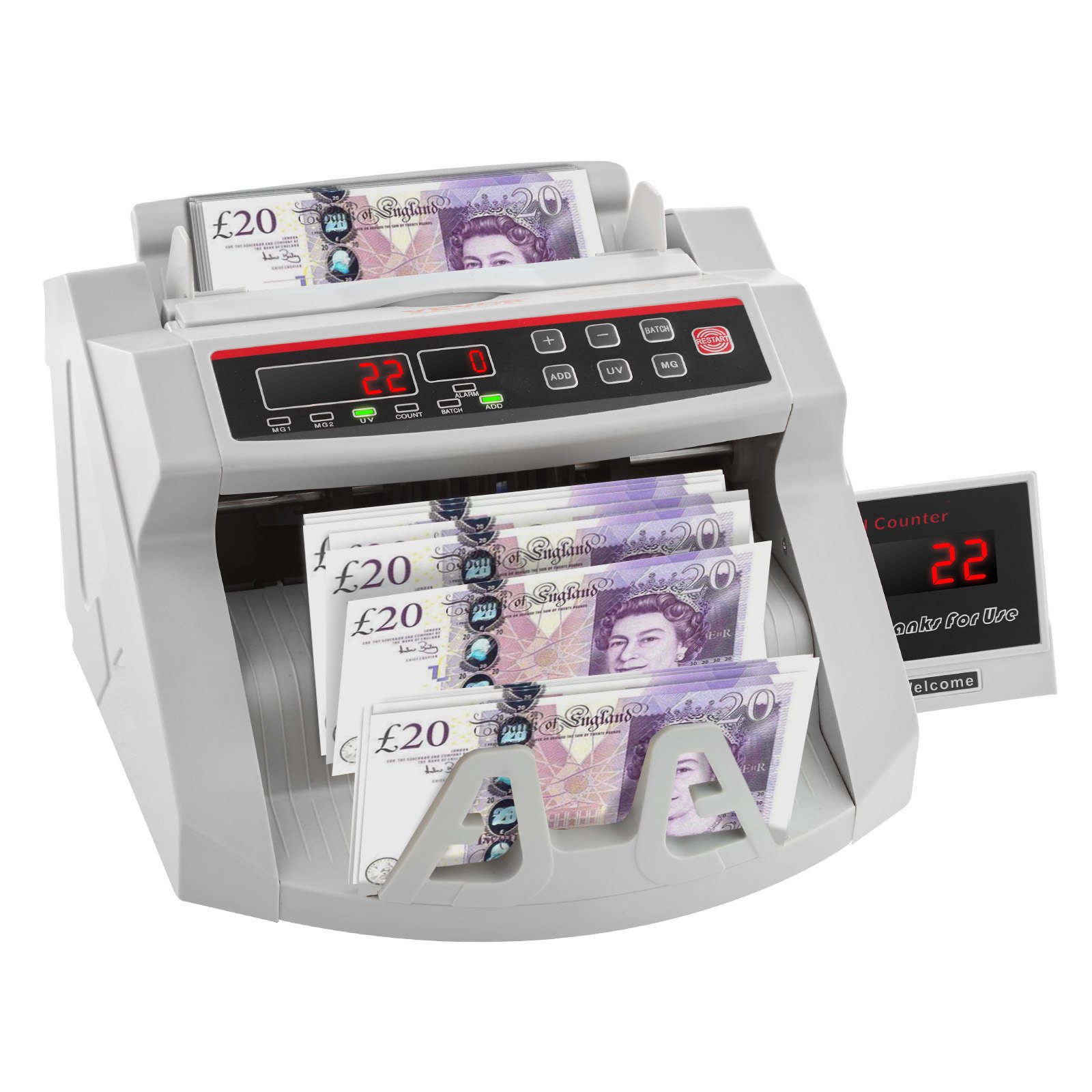 VEVOR Bankbiljettenteller Wit met Echtheidswaarschuwingsfunctie, 1000 stuks/min met UV- en MG-systemen, 7 kg met LED-scherm voor Euro, Dollar, Pond (26 x 23,5 x 17 cm)