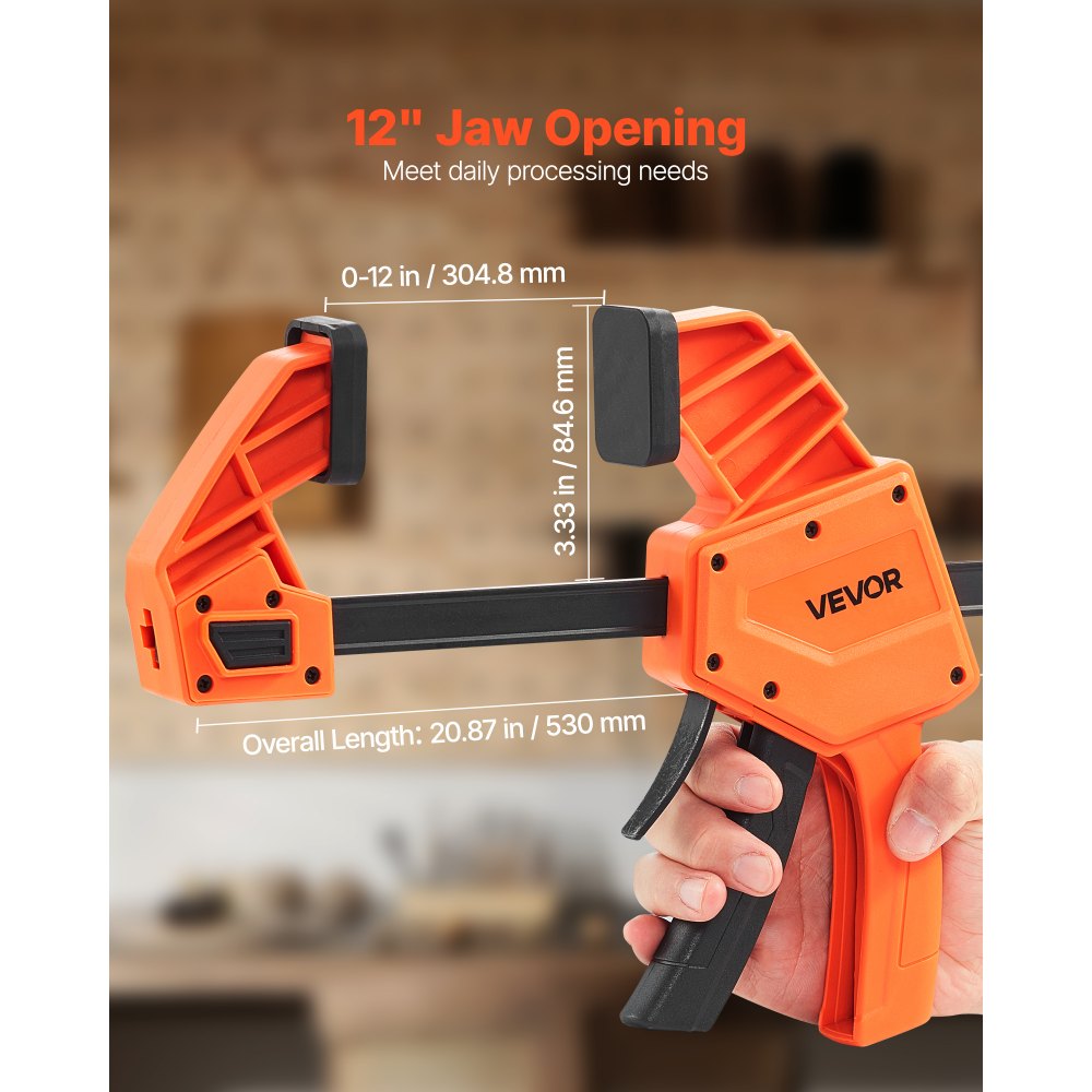VEVOR Bar Clamps for Woodworking, 2-Pack 30.48 cm One-Handed Clamp/Spreader, Quick-Grip F-Clamp with 154 kg Load Limit, Premium Plastic and Carbon Steel, for Woodworking Metal working, Orange + Black