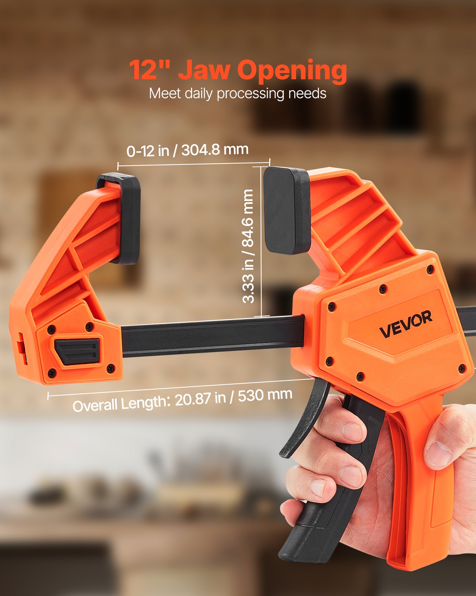 VEVOR Bar Clamps for Woodworking, 2-Pack 30.48 cm One-Handed Clamp/Spreader, Quick-Grip F-Clamp with 154 kg Load Limit, Premium Plastic and Carbon Steel, for Woodworking Metal working, Orange + Black