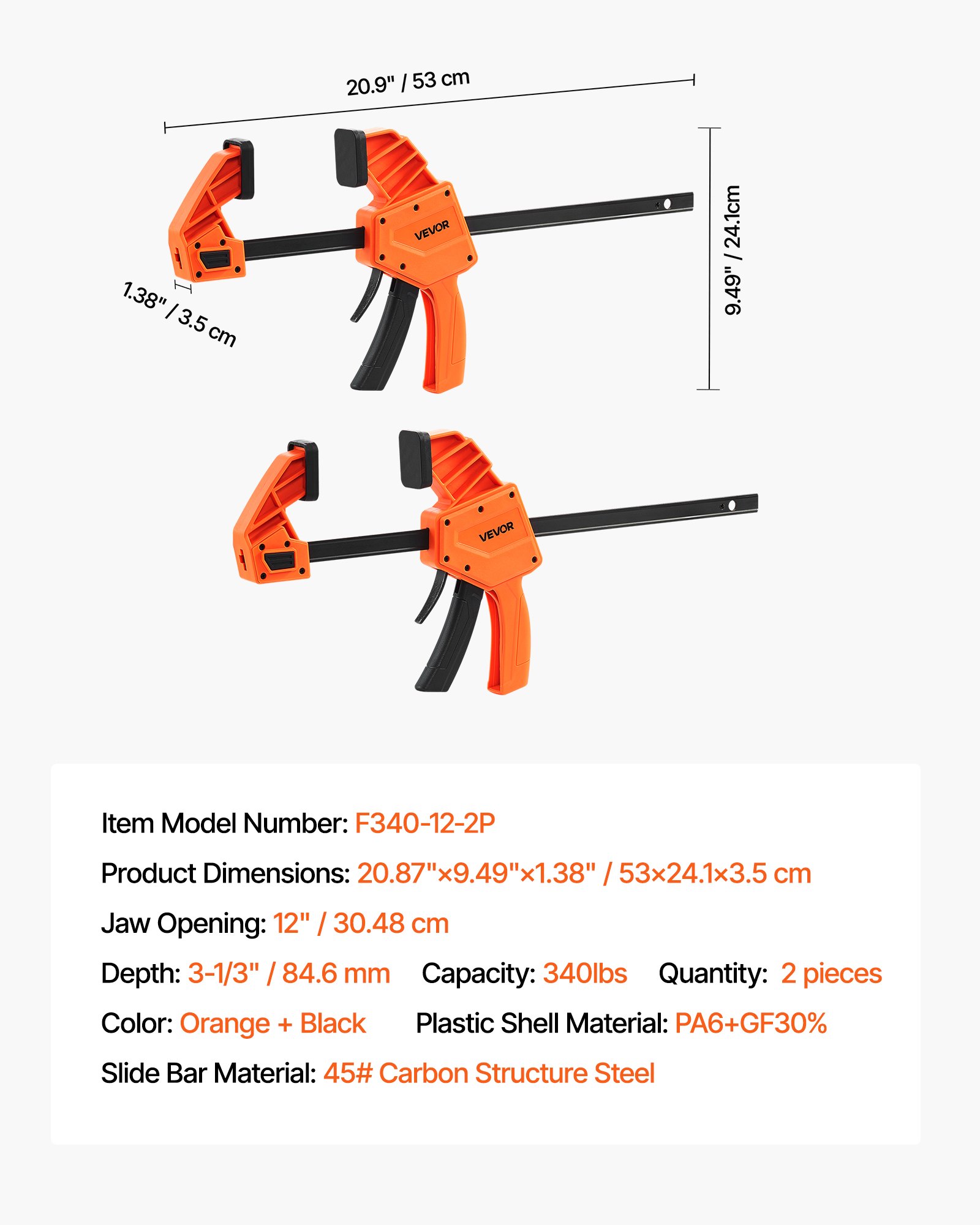 VEVOR Bar Clamps for Woodworking, 2-Pack 30.48 cm One-Handed Clamp/Spreader, Quick-Grip F-Clamp with 154 kg Load Limit, Premium Plastic and Carbon Steel, for Woodworking Metal working, Orange + Black