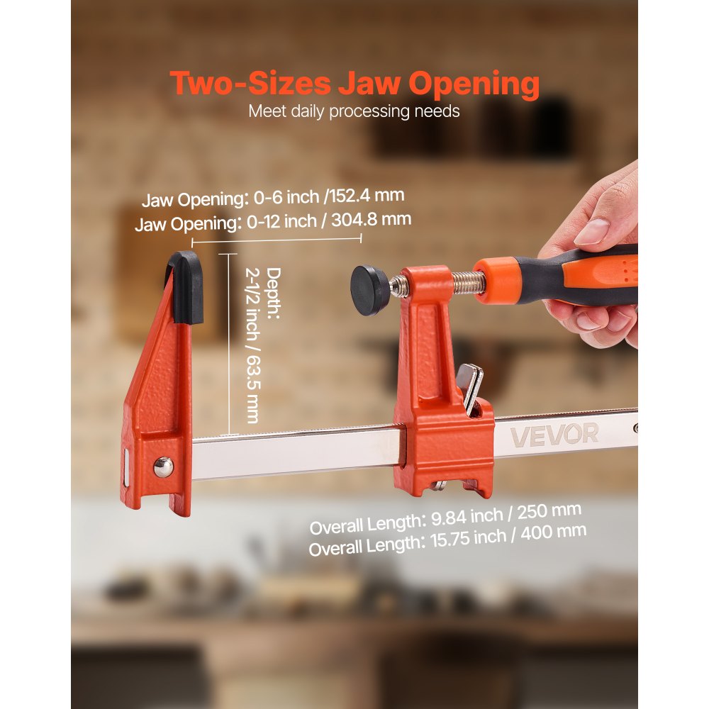 VEVOR Houtbewerking Klemmen 4 stuks (6" / 12") Opening, Vergrendelbare F-klem met 260 kg draagvermogen, 6,35 cm diepte, Gietijzer en koolstofstaal, Metaalbewerking