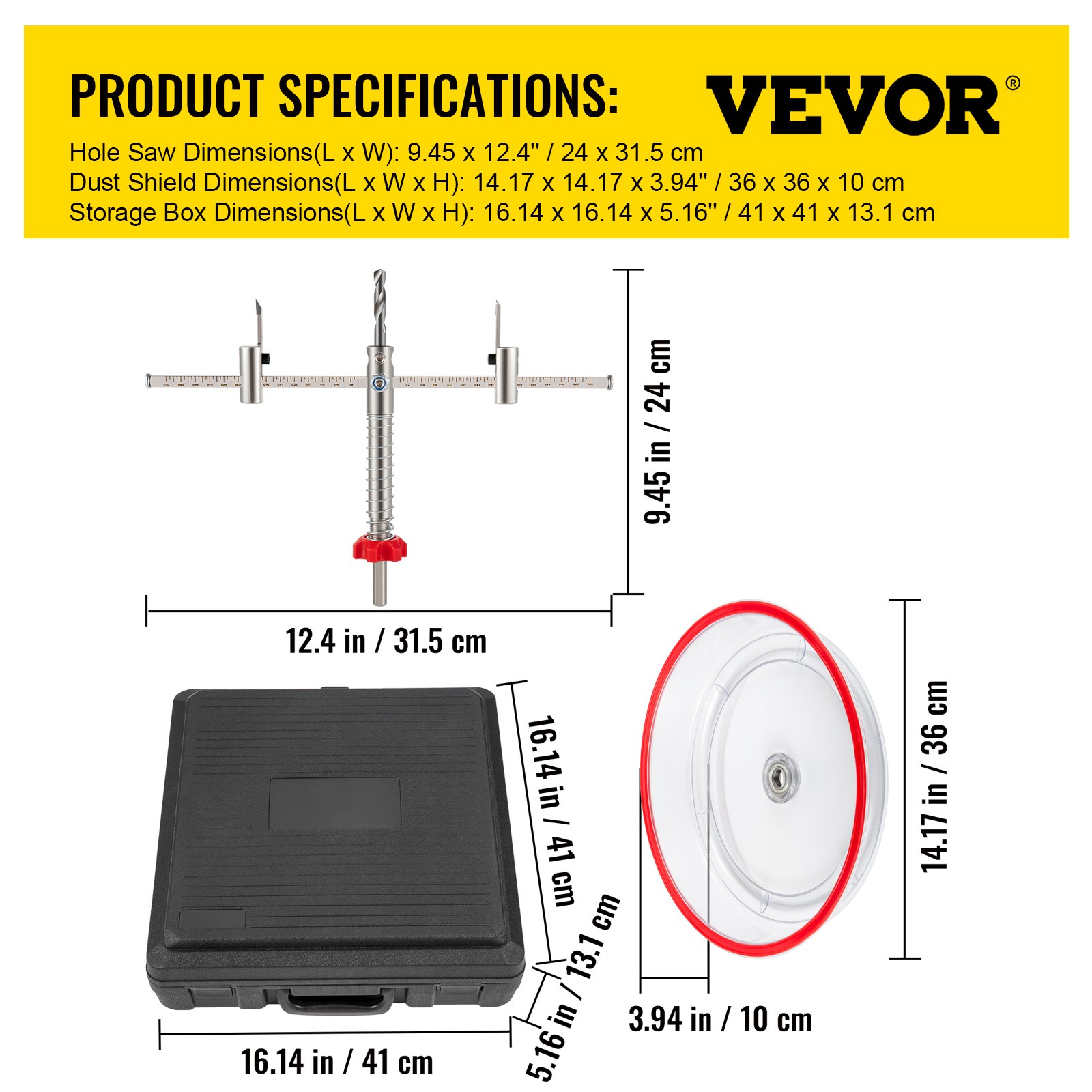 VEVOR Verstelbare Gatenzaagset, 1-5/8 inch tot 11-13/16 inch (40-300 mm), Inbouwgatzaag met PC-stofkap, Twee verwisselbare centerboren, voor inbouwspots, plafondluidsprekers, V-gaten
