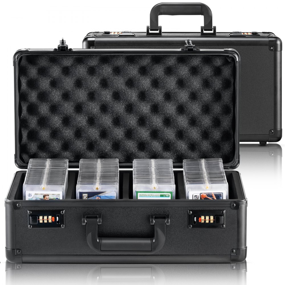 black VEVOR card storage box showcasing organized card compartments in a foam-padded hard case.