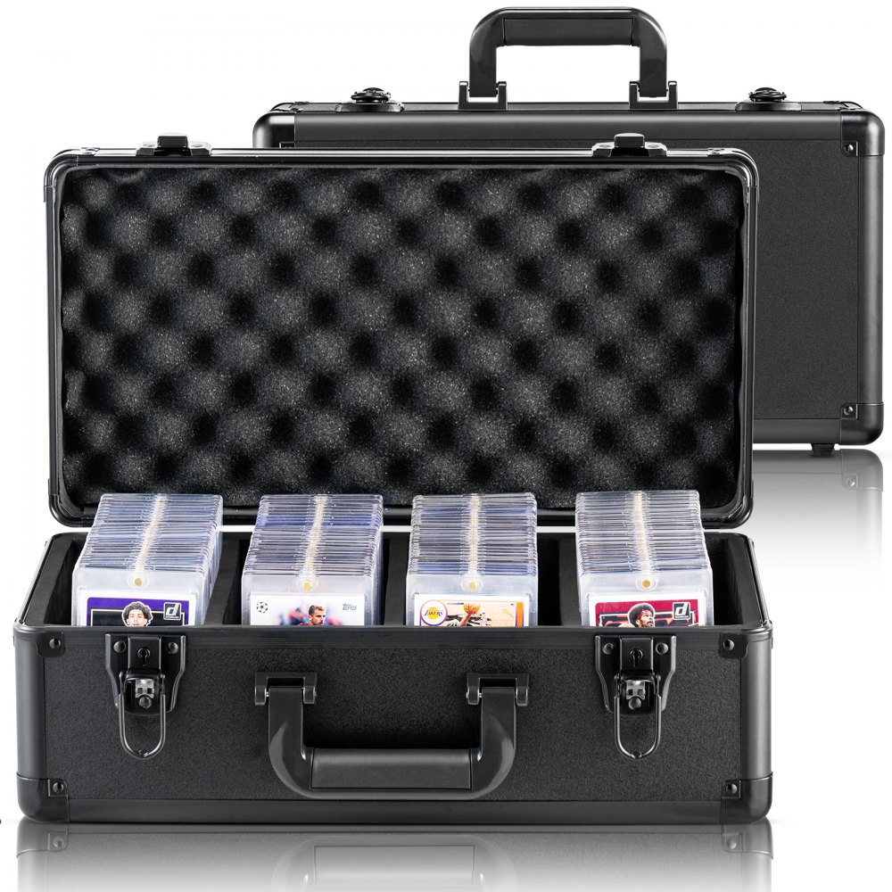 black VEVOR card storage box with multiple card compartments and secure locking mechanism.