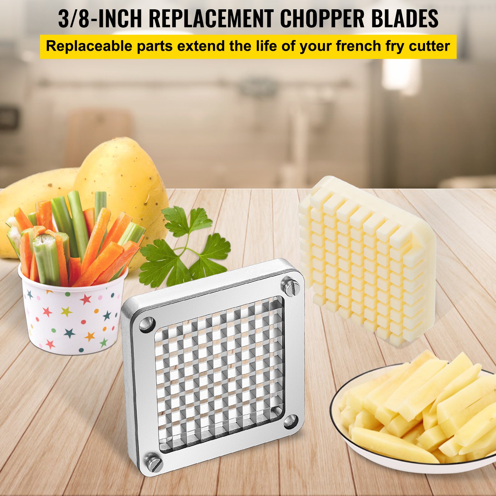 VEVOR Replacement Chopper Blade, 3/8 inch, 3 PCS French Fry Blade Assembly with 6 Extra Knives, Stainless Steel Dicer Parts and Push Block for Cutting Potatoes Carrots Onions Cucumbers Mushrooms
