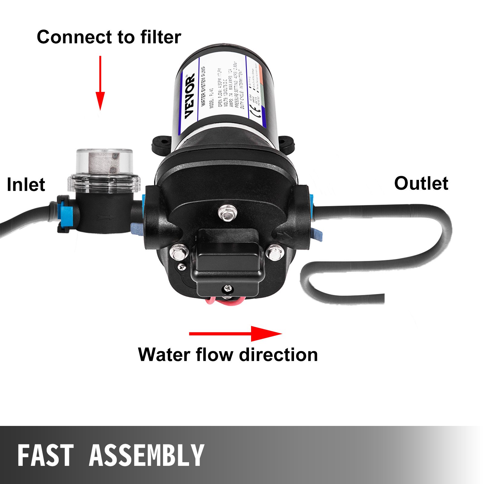 VEVOR Waterpomp Hoge Druk Membraan 12 V, Hoge Druk Waterpomp 17 L/min, Zelf Aanzuigende Membraanpomp 2 m, 3-Kamer Membraan, Membraanpomp met Thermische Beveiliging, voor Auto, Marine, Campers