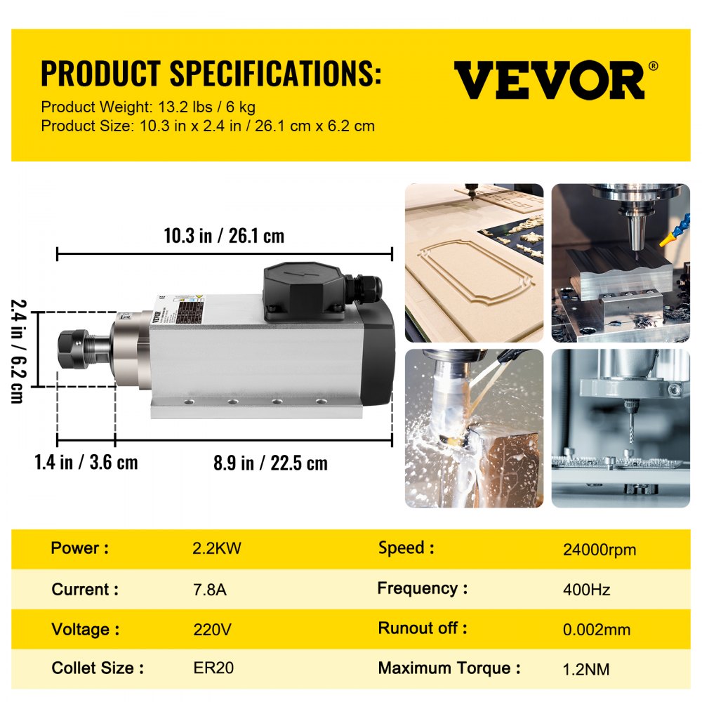 VEVOR Air Cooled Spindle Motor 2.2KW CNC Spindle Motor 220V Square Air Cooled Spindle Motor ER20 Collet 24000 RPM CNC Spindle 6A Spindle Motor 400 Hz for CNC Router Engraving Milling Machine