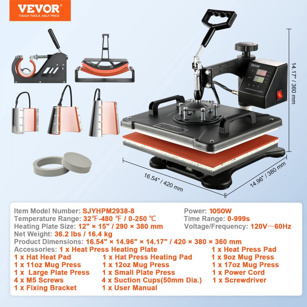 VEVOR 8-in-1 hittepersmachine, 38x30cm T-shirtpers, doe-het-zelf hittepers met digitale LED-temperatuur- en tijdregelaar