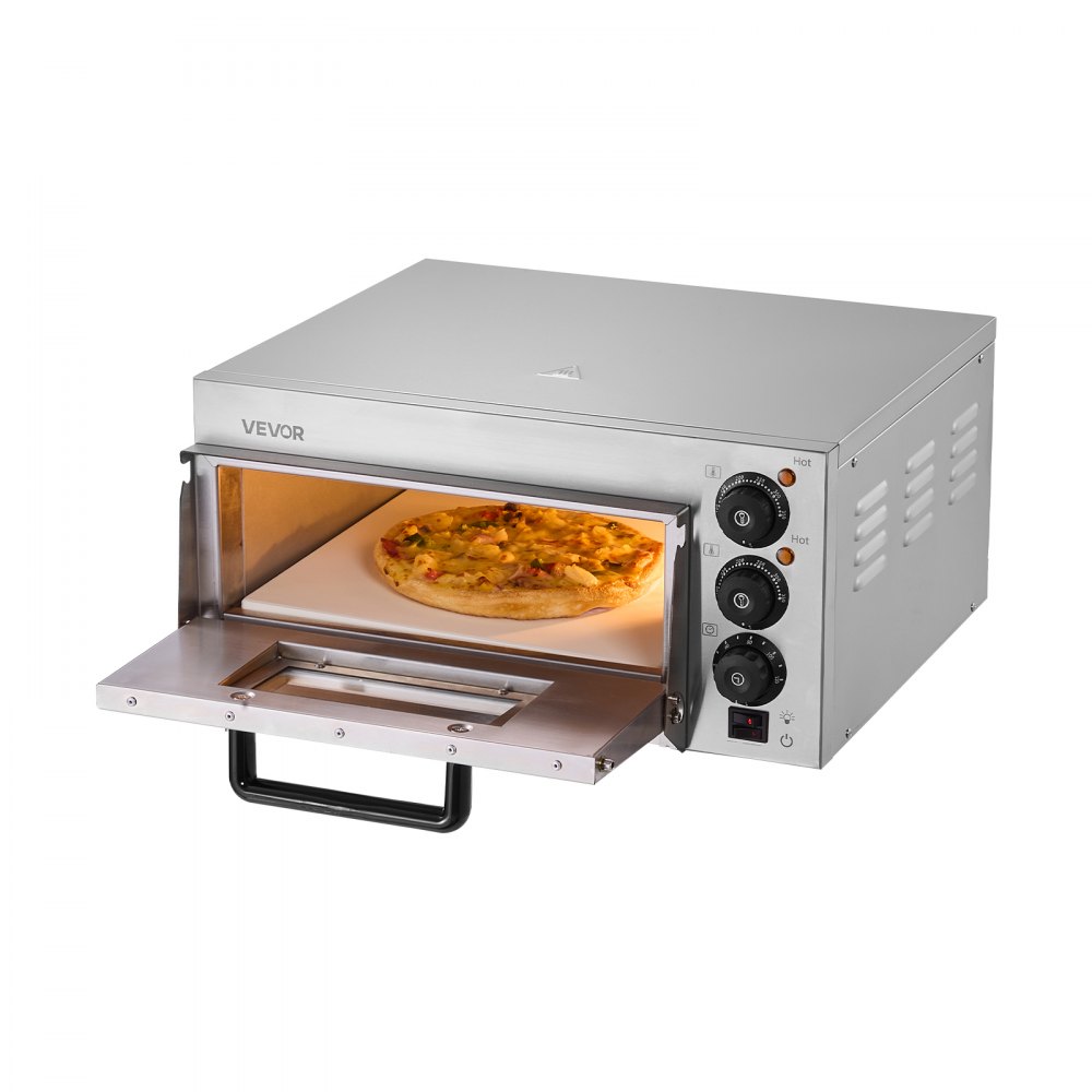 VEVOR Commerciële Aanrecht Pizzaoven, 14-inch Enkellaags Elektrische RVS Pizzaoven met Steen en Handvat, Multifunctionele Binnenpizzamaker voor het Bakken van Pretzels in Thuisrestaurant