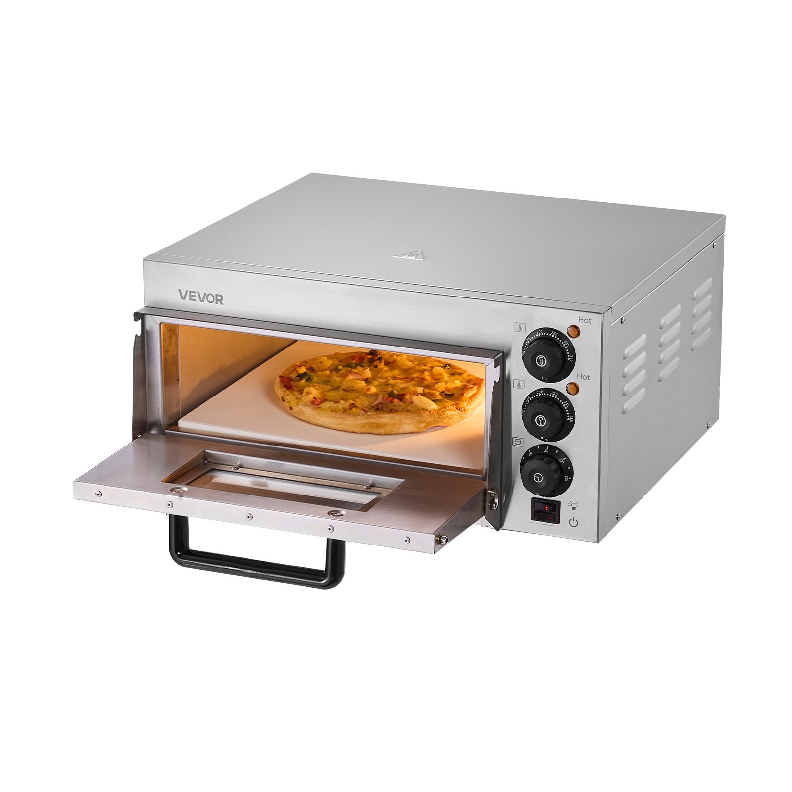 VEVOR Commerciële Aanrecht Pizzaoven, 14-inch Enkellaags Elektrische RVS Pizzaoven met Steen en Handvat, Multifunctionele Binnenpizzamaker voor het Bakken van Pretzels in Thuisrestaurant
