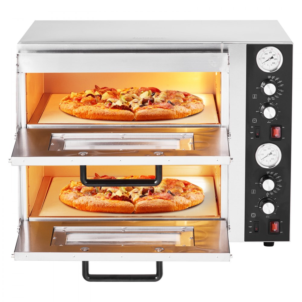 VEVOR elektrische pizzaoven voor 457 mm pizza 2500 + 2500 W pizzaoven tot 450 °C, pizzamaker met tijd- en temperatuurregeling & dubbele kamer, pizzabakmachine pizzamachine multifunctioneel
