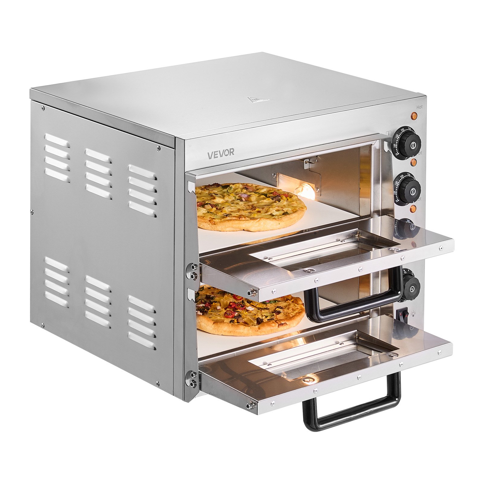 VEVOR Commerciële Aanrecht Pizza Oven, 14-inch Dubbele Dek Laag Elektrische RVS Pizza Oven met Steen en Handvat, Multifunctionele Binnen Pizza Maker voor het Bakken van Pretzels in Thuisrestaurant