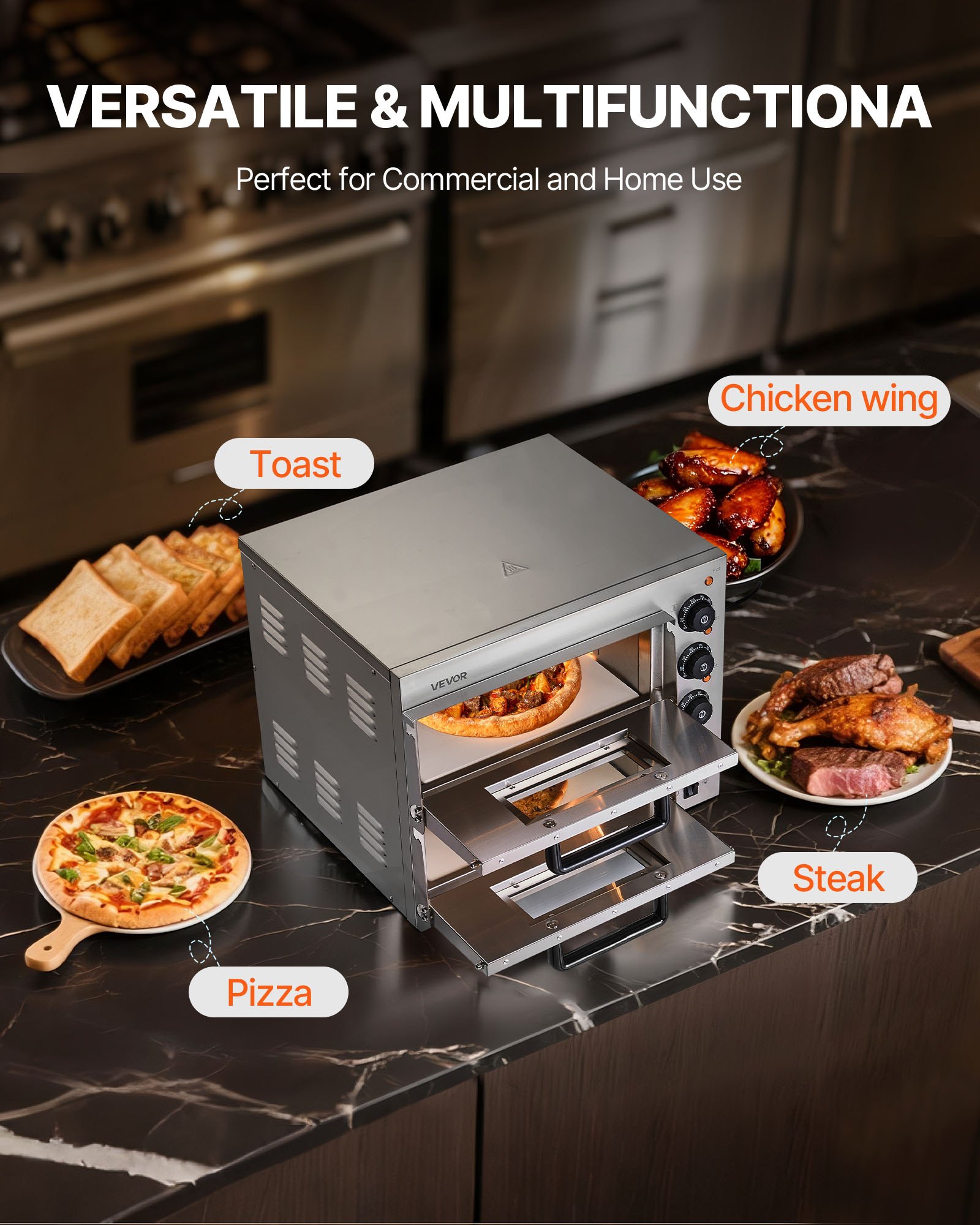 VEVOR Commerciële Aanrecht Pizza Oven, 14-inch Dubbele Dek Laag Elektrische RVS Pizza Oven met Steen en Handvat, Multifunctionele Binnen Pizza Maker voor het Bakken van Pretzels in Thuisrestaurant