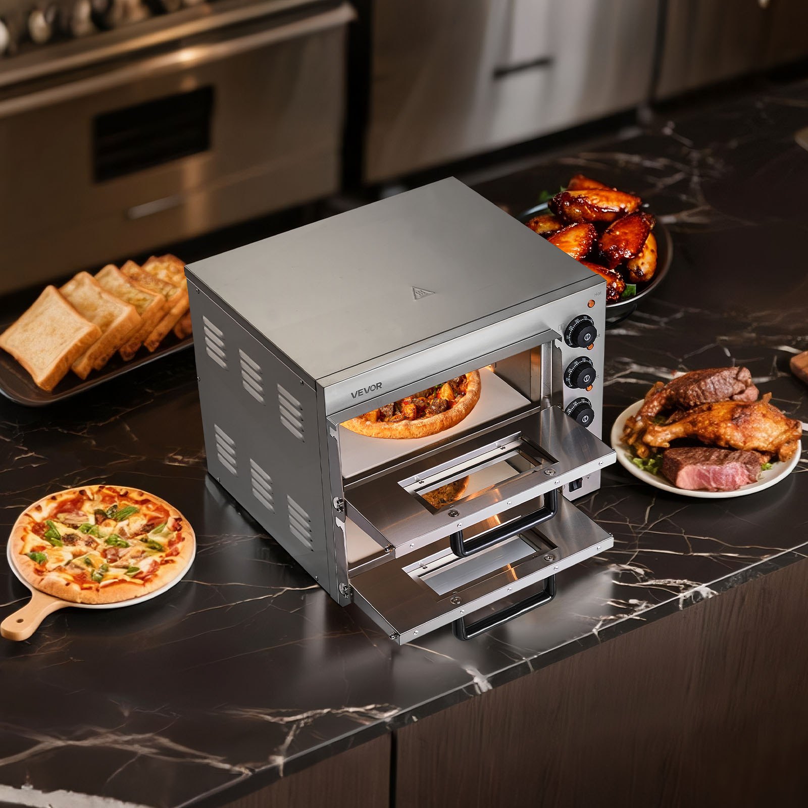 VEVOR Commerciële Aanrecht Pizza Oven, 14-inch Dubbele Dek Laag Elektrische RVS Pizza Oven met Steen en Handvat, Multifunctionele Binnen Pizza Maker voor het Bakken van Pretzels in Thuisrestaurant