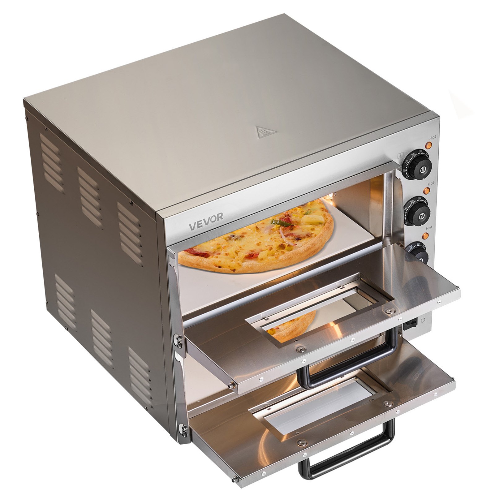 VEVOR Commerciële aanrecht pizzaoven, 16-inch dubbellaags, roestvrijstalen elektrische pizzaoven met steen en handvat, multifunctionele binnenpizzamaker voor het bakken van pretzels in een restaurant thuis