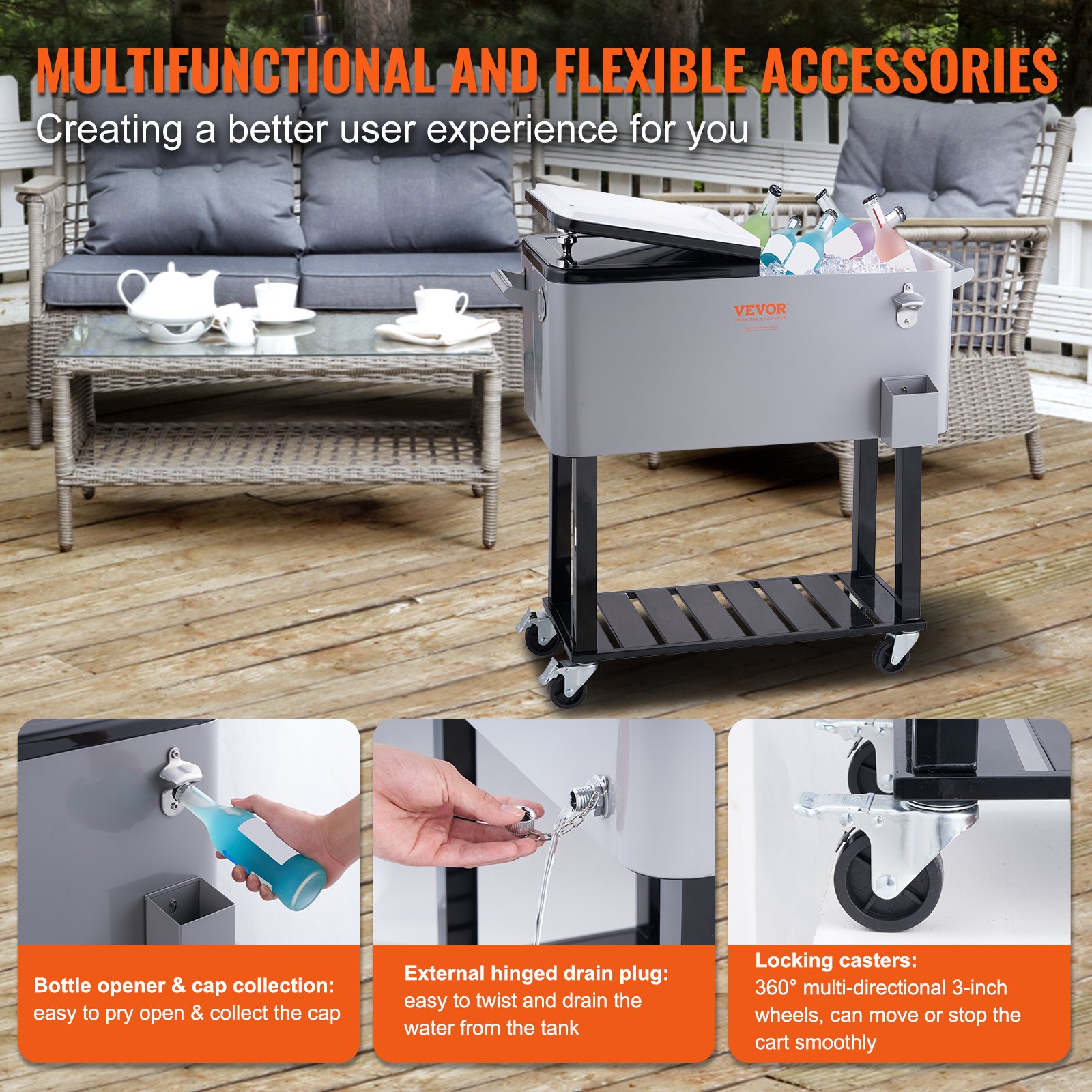 VEVOR Serveerwagen Koelwagen 80 QT, Zijwagen Drankwagen 930 x 460 x 890 mm, Drankkoeler Poedercoating Drankkoelwagen IJsbox IJswagen Partywagen met scheidingswand Zijwagen grijs