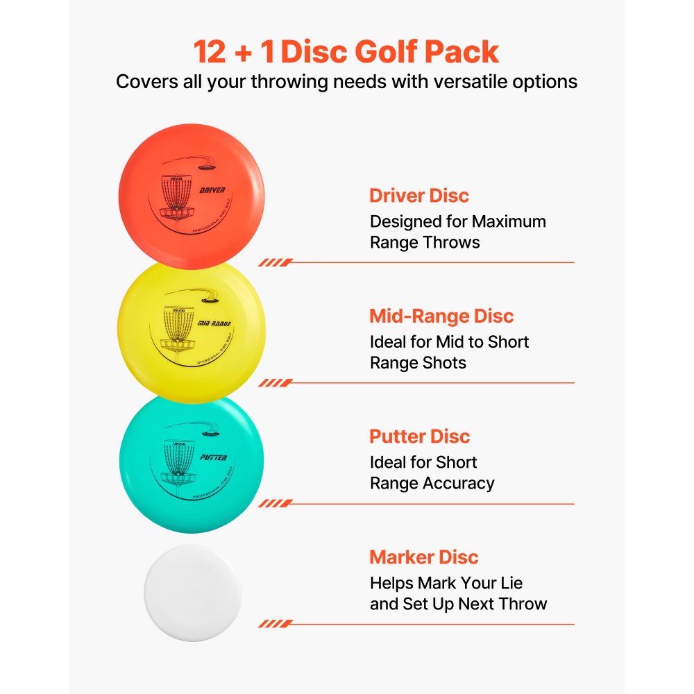 VEVOR Disc Golf Set (12 + 1) voor beginners, startersset, met putter, mid-range, driver, inclusief mini-marker, draagbare rugzak, voor tuin, gazon, strand en park, buiten