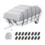 VEVOR pontoon boat cover on a trailer with securing straps and storage bag included.