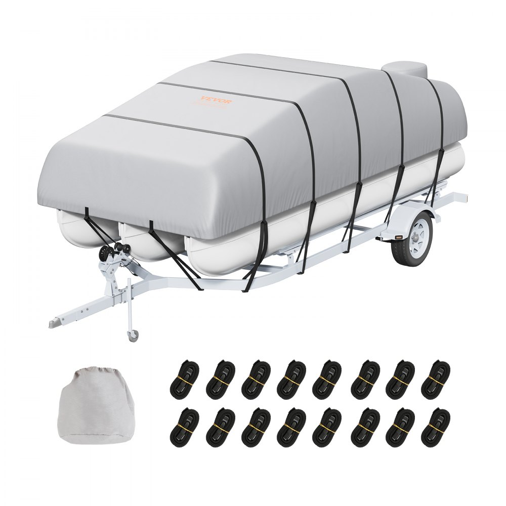 VEVOR pontoon boat cover on trailer with straps and storage bag displayed below.