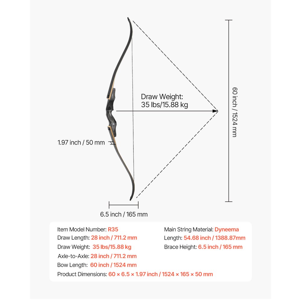 VEVOR Recurveboog & Pijlset (1524 mm) Houten Demontabele Bogen, Rechtshandig Ergonomisch Recurveboogpakket, Longbow voor Buitendoeloefeningen, Beginner tot Gevorderd, 15,88 kg