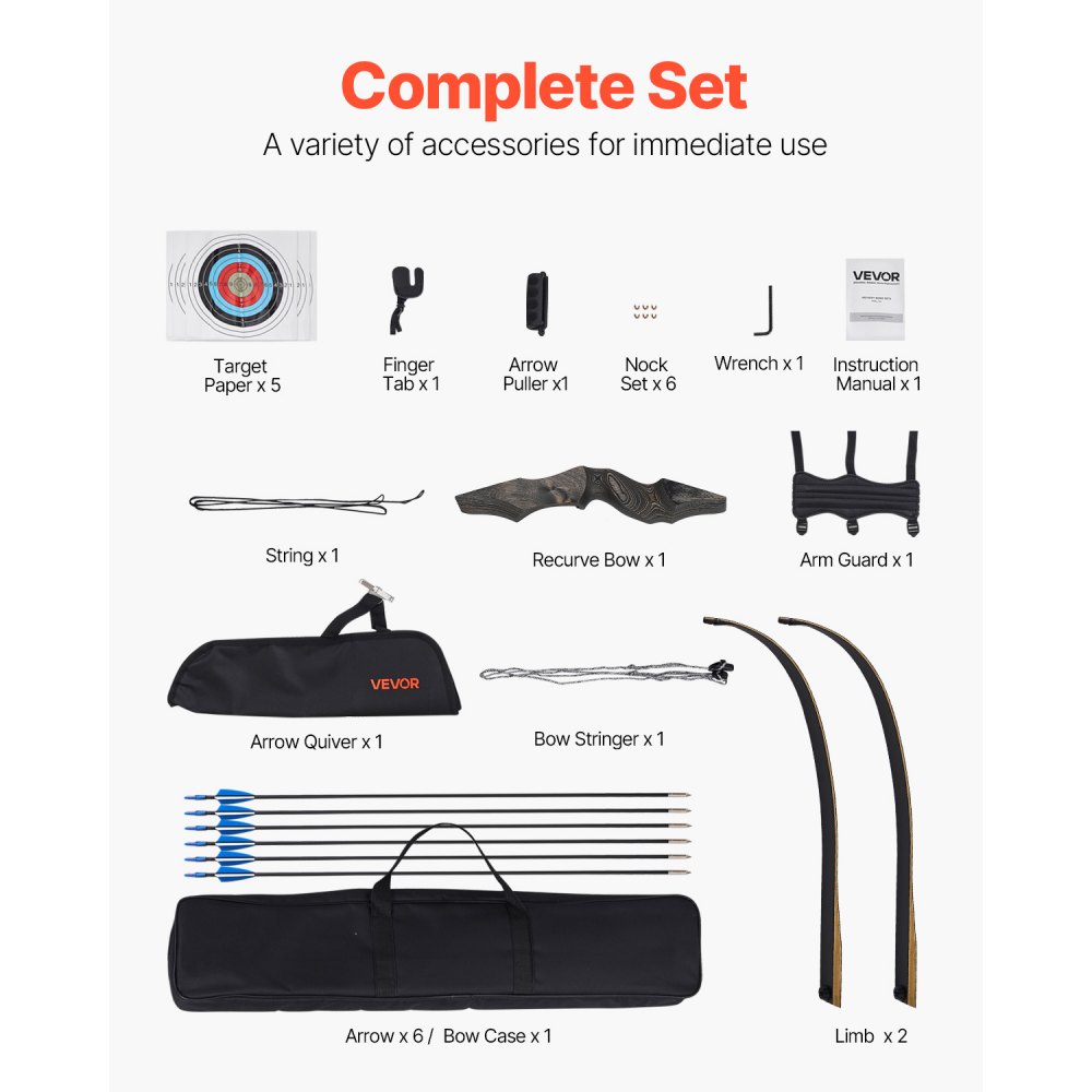VEVOR Recurve Bow and Arrows Kit, 60 inch Wooden Takedown Bows, Right Handed Ergonomic Archery Recurve Bow Package, Longbow for Outdoor Target Training Practice Hunting, Beginners to Advanced, 45 lbs
