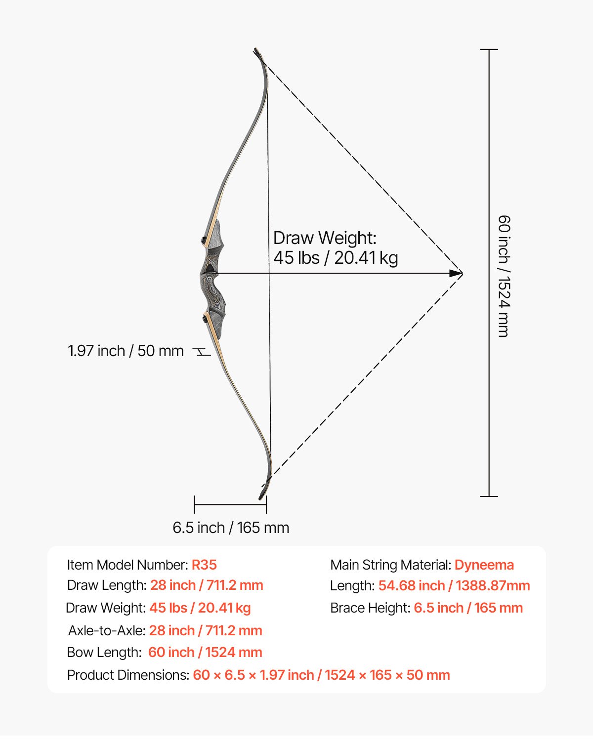 VEVOR Recurveboog & Pijlset (1524 mm) Houten Demontabele Bogen, Ergonomische Recurveboogpakket voor Rechtshandigen, Longbow voor Buitendoeloefeningen, Beginner tot Gevorderd, 20,41 kg