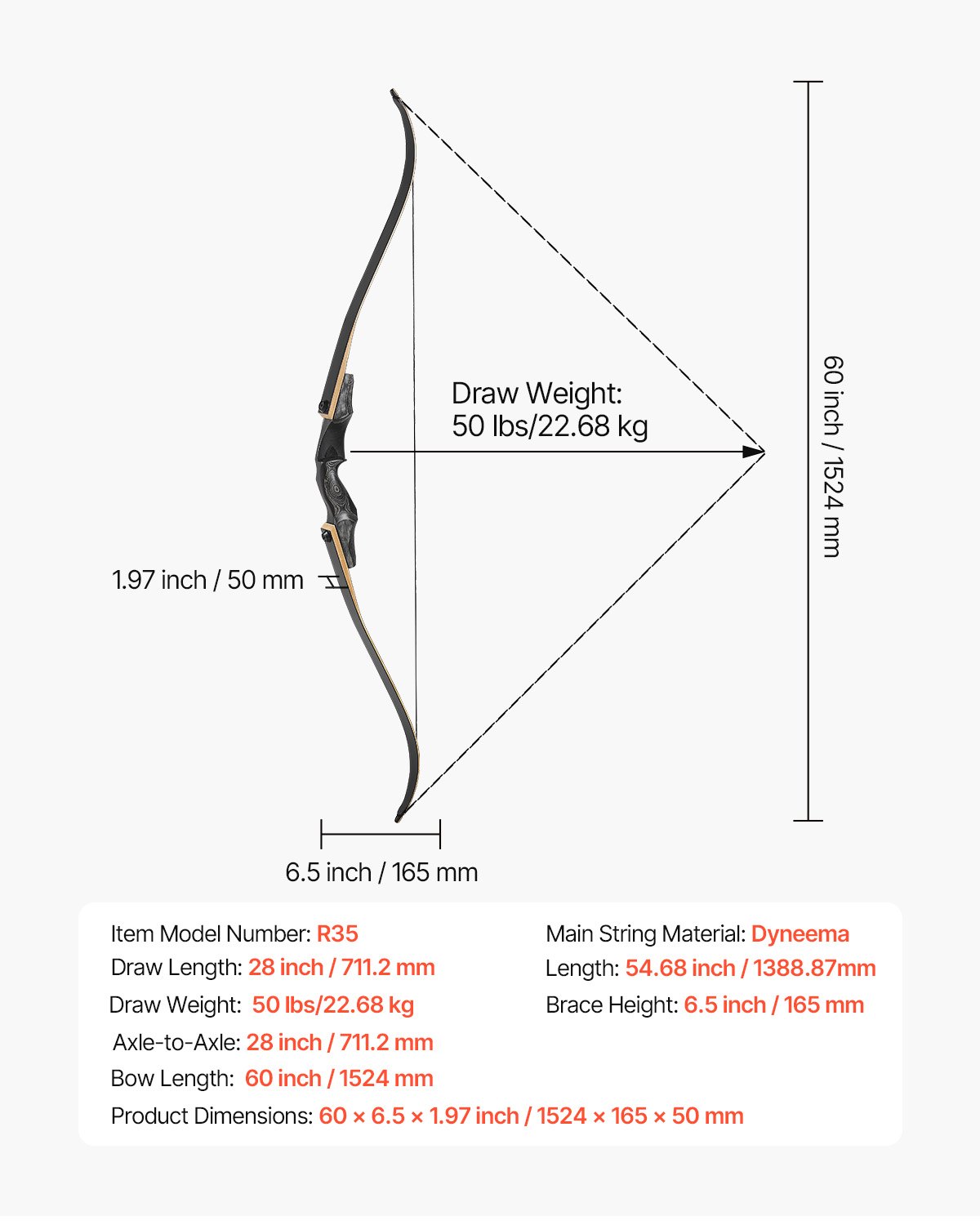 VEVOR Recurveboog & Pijlset Houten Takedownbogen (1524 mm), Ergonomisch Recurveboogpakket voor Rechtshandigen, Longbow voor Buitendoeltraining, Beginner tot Gevorderd, 22,68 kg