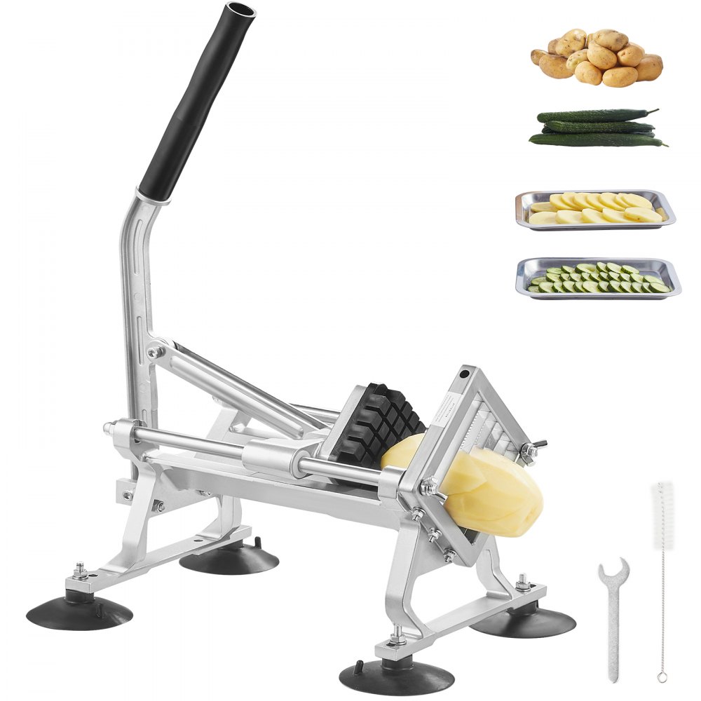 VEVOR vegetable slicer with a handle and suction cups, shown slicing potatoes and cucumbers.