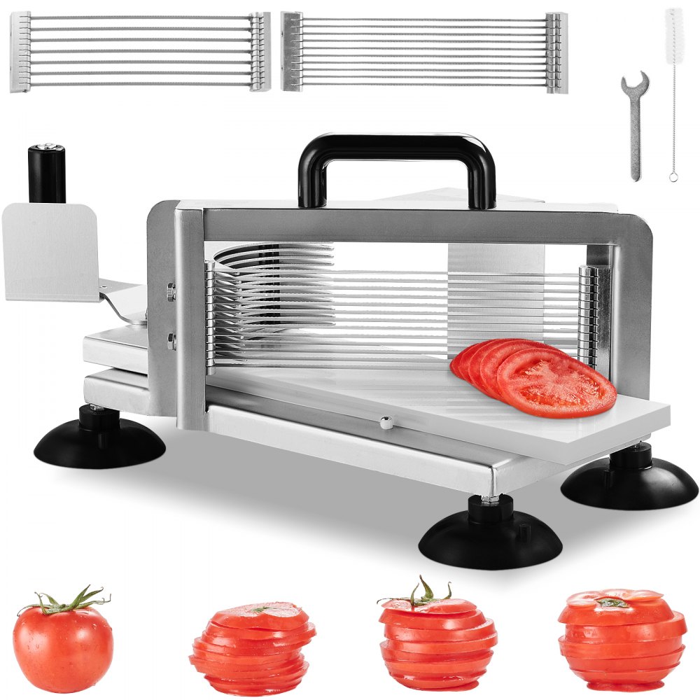 VEVOR tomato slicer with stainless steel blades, suction cups, and sliced tomatoes, including tools.