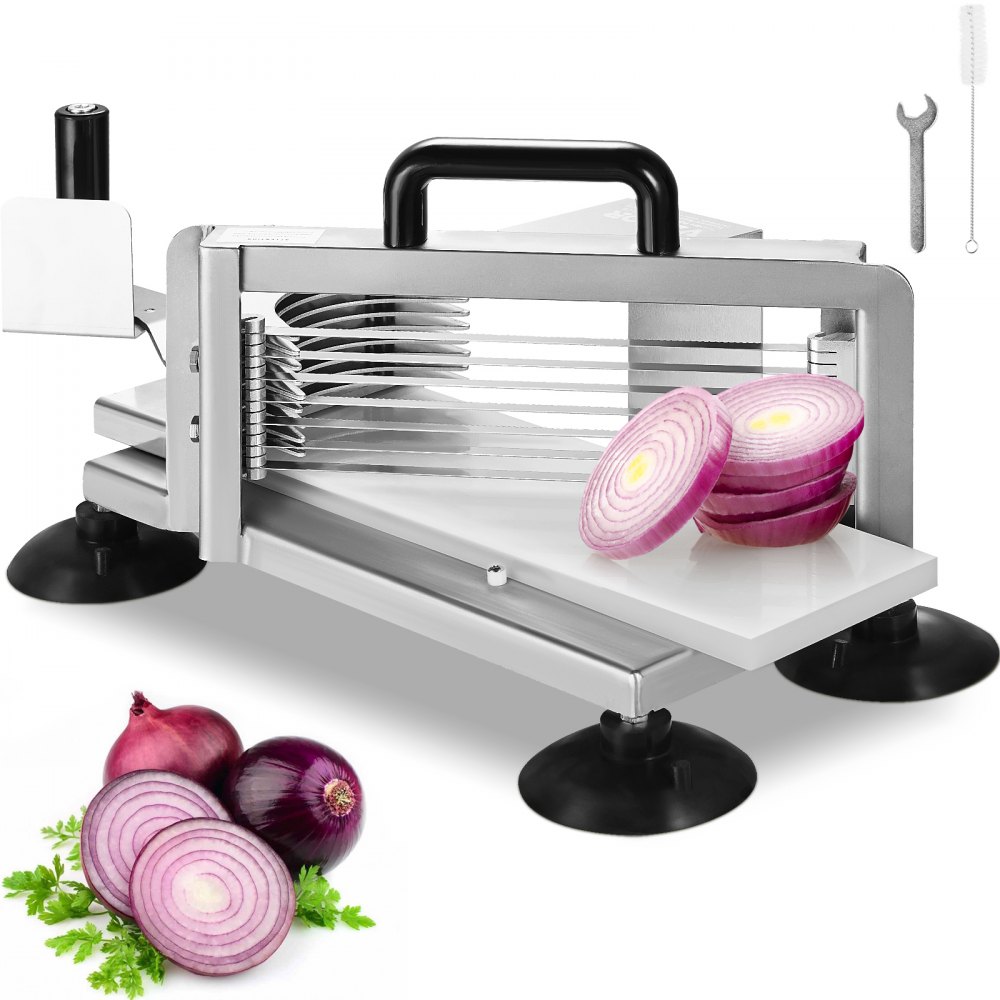 VEVOR tomato slicer slicing red onions with accessories including a brush, wrench, and cleaning rod.