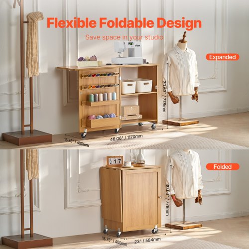 VEVOR Opvouwbare naaitafel, multifunctionele naaimachinetafel met compact design, afsluitbare wielen, planken, opbergplaten, houten pluggen en magnetische deuren, wit