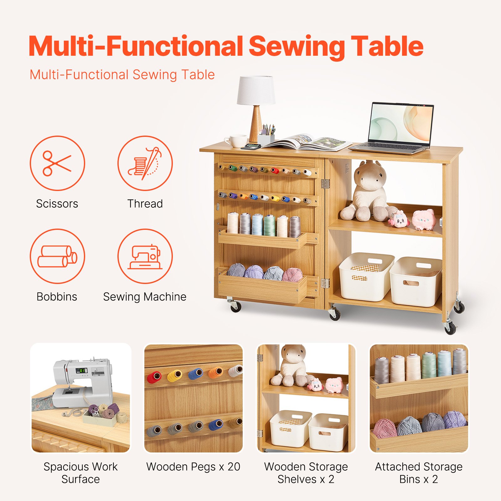 VEVOR Folding Sewing Table, Multipurpose Sewing Machine Table with Compact Design, Wheels, Shelves, Storage Trays, Wooden Pegs, and Magnetic Doors, Sewing Desk Cabinet for Sewing Machine, Wood Color
