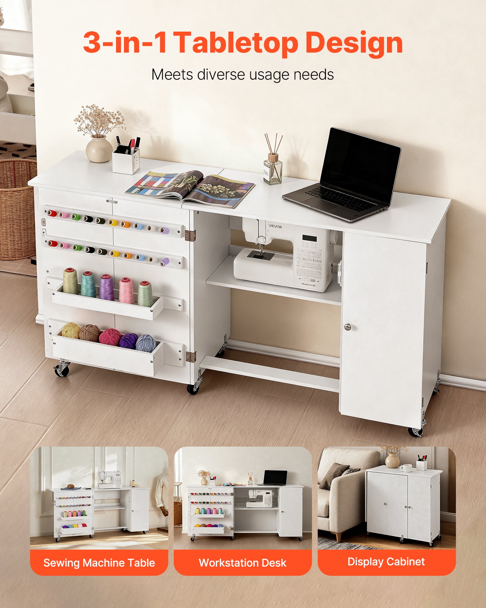 VEVOR Naaitafel, Naaikast met Wielen, Houten Frame, Planken & Magnetische Deur, Naaimachinetafel, Multifunctionele Tafel, Draagvermogen 40 kg, voor Handwerkstation en Bijzettafel, Wit