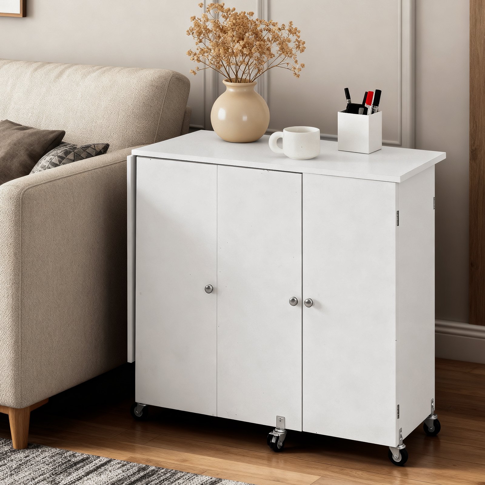 VEVOR Naaitafel, Naaikast met Wielen, Houten Frame, Planken & Magnetische Deur, Naaimachinetafel, Multifunctionele Tafel, Draagvermogen 40 kg, voor Handwerkstation en Bijzettafel, Wit